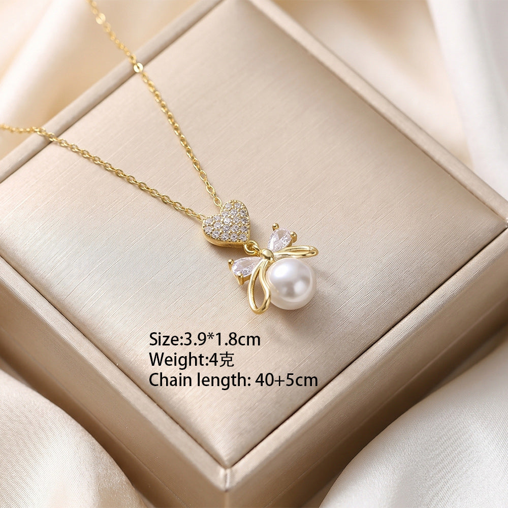 European and american hot-selling fashion zircon pearl necklace for women, lightweight luxury, niche, versatile, elegant, fashionable titanium steel clavicle chain jewelry