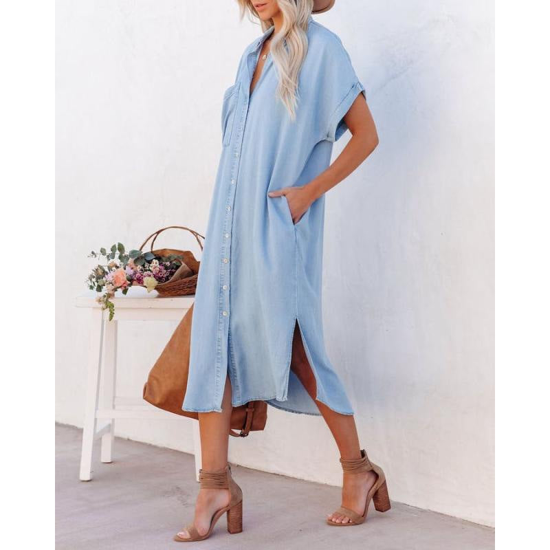 Aliexpress new arrival: european and american fashion solid color denim short-sleeve long slit shirt dress