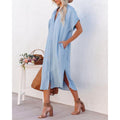 Aliexpress new arrival: european and american fashion solid color denim short-sleeve long slit shirt dress