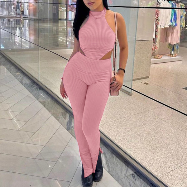 European and American solid color pit strip neck sleeveless top trousers two-piece set women's   new fashion casual suit