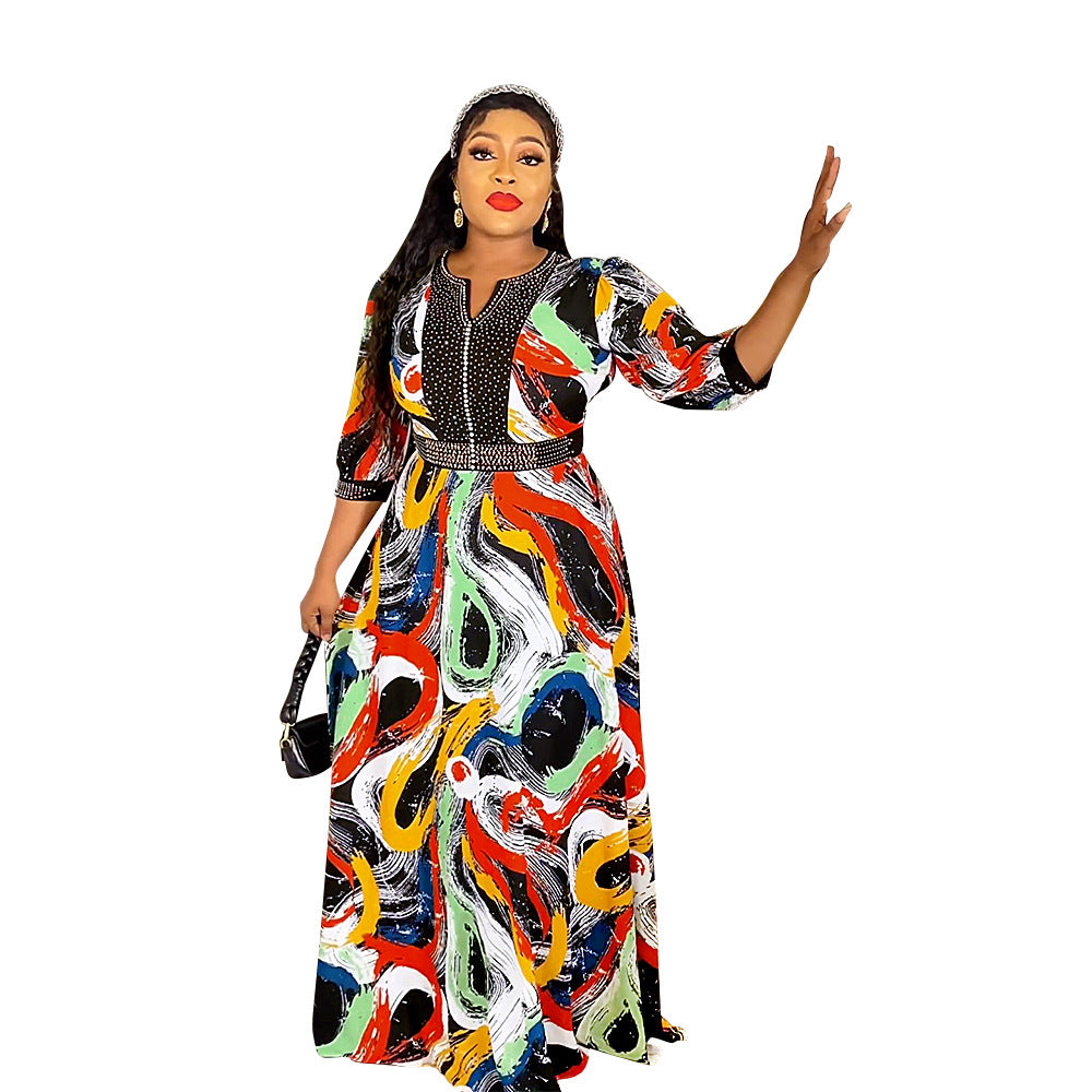 e-commerce   new print dress african plus size women's hotfix rhinestone beaded maxi dress