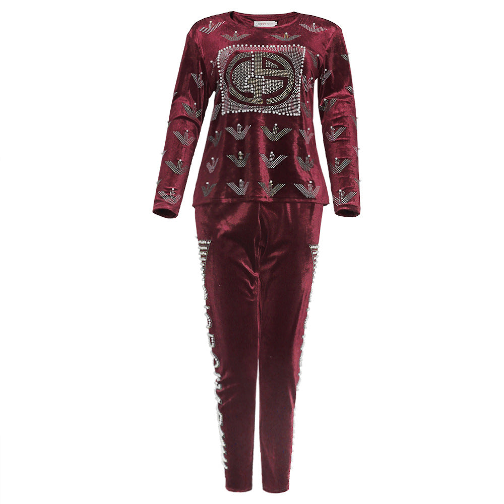 new winter collection: african-inspired hotfix rhinestone & beaded letter long sleeve tee + pencil pants fashion casual two-piece set