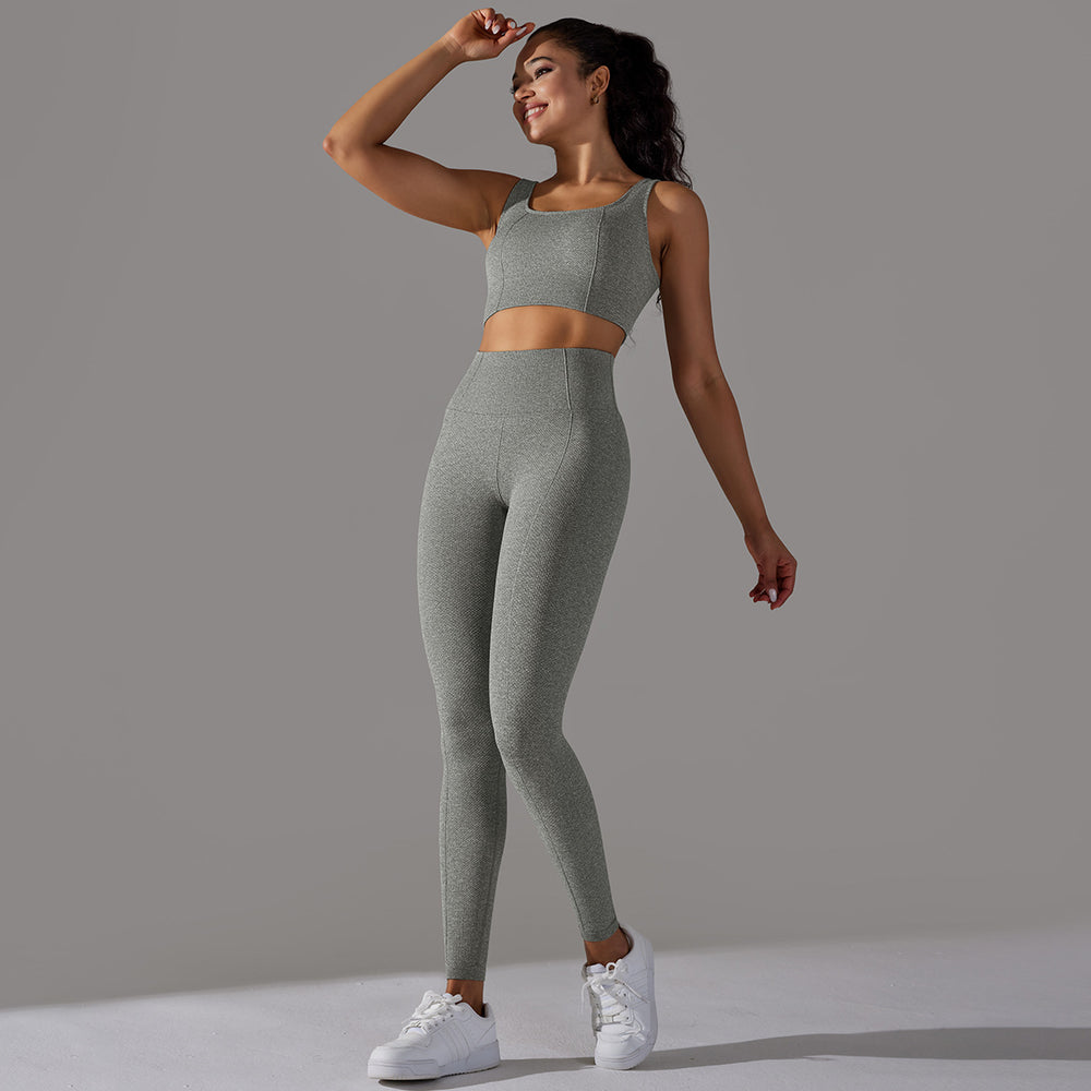 fashion seamless knittingpure color polka dot high elastic tight breathable yoga suit running fitness two-piece set