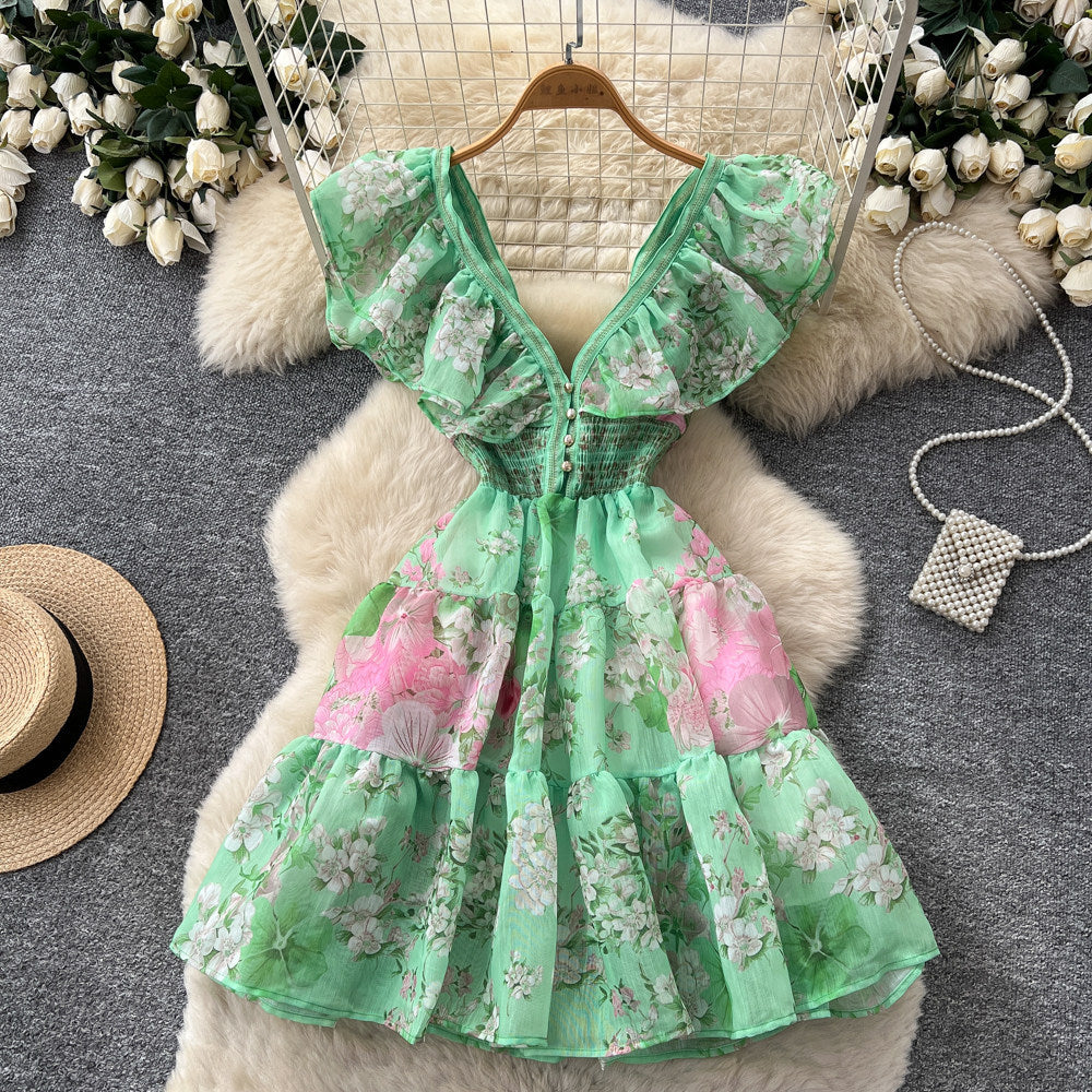 K-style floral sleeveless waistless dress women's summerrufflesv neckhigh waist a-line skirt work clothing pink skirt