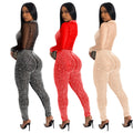 C6203 cross-border   fashion women's solid color mesh rhinestone long sleeve pants jumpsuit