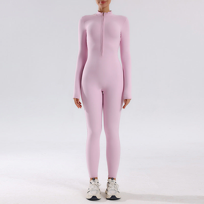 One-piece nude zipper stand-up collar slim-fitting long-sleeved one-piece yoga suit women's running fitness sports full-body onesie
