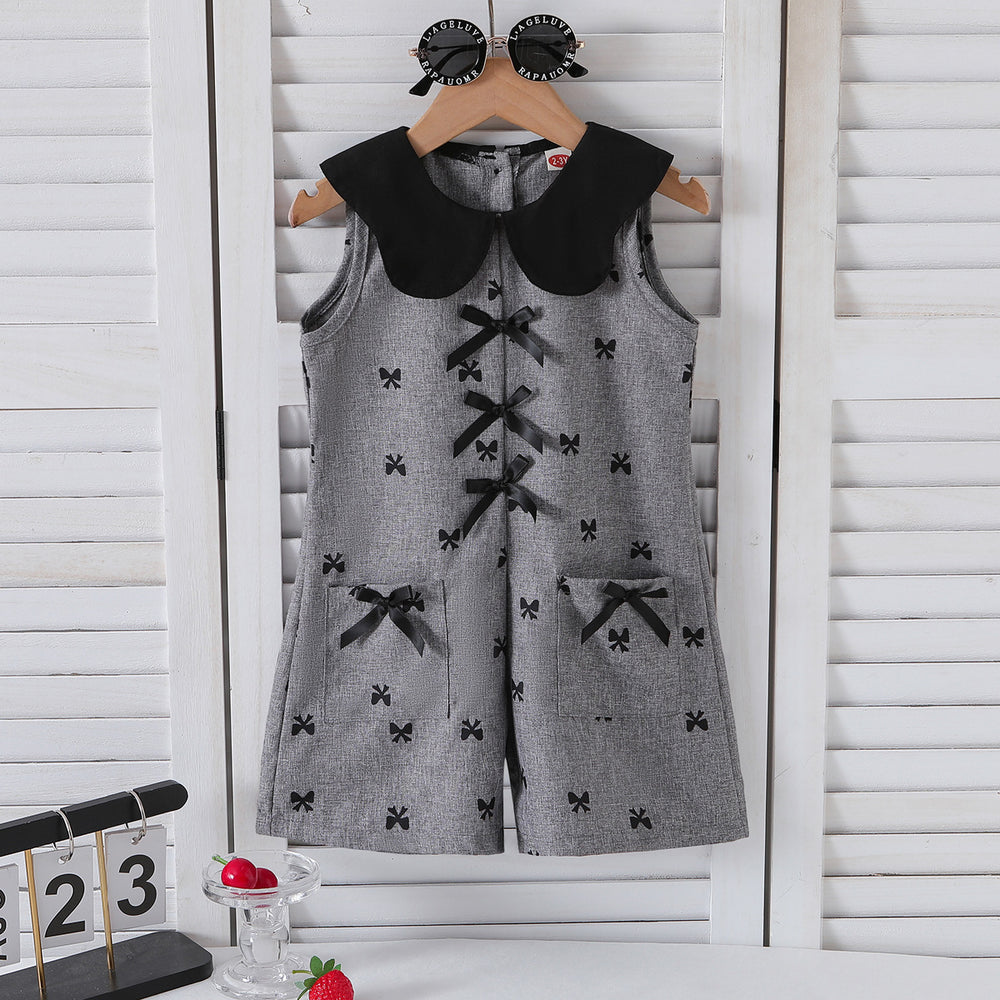spring/summer new arrival: cross-border girls' preppy bowknot print romper