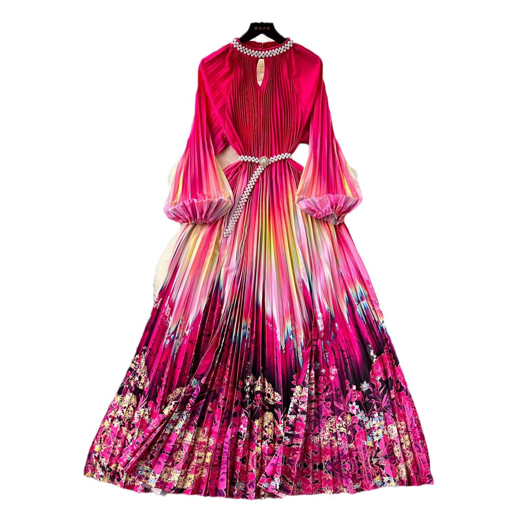 European and american high-end elegant women's fashion beaded round neck hollow-out pleated lantern sleeve cinched waist printed maxi dress