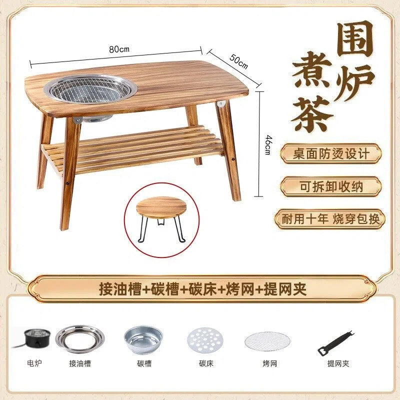 Household outdoor multifunctional solid wood desktop stove foldable storage barbecue grill barbecue stove camping style stove tea table