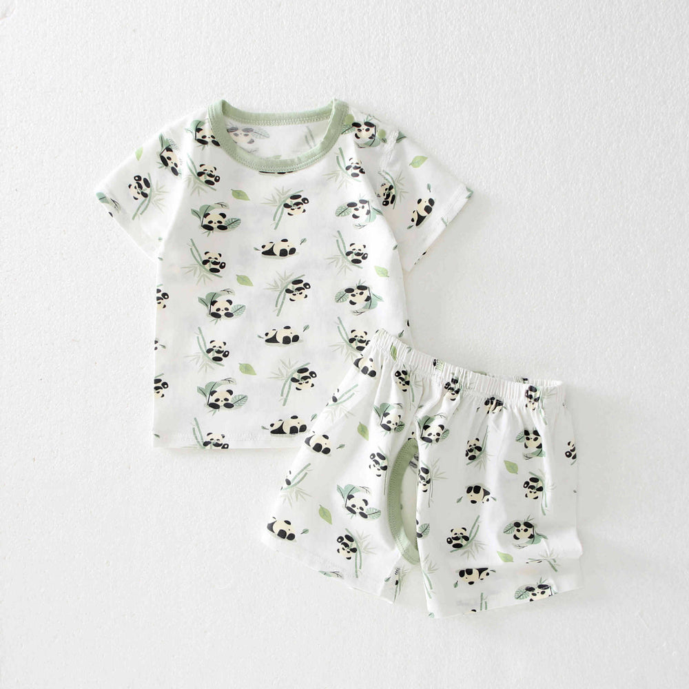 3-month-old and 2-year-old baby summer short-sleeved suit open pants pure cotton elastic waistband two-piece set breathable fork pants