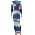 European and american style cross-border printed bodycon mini dress - round neck, long sleeve, color block, graphic print, unique women's fashion