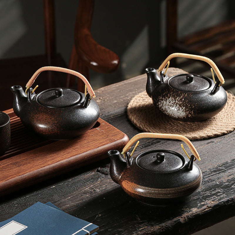 Japanese retro ceramic home tea maker tea cup single pot creative bamboo handle satchel tea set cold water kettle suit