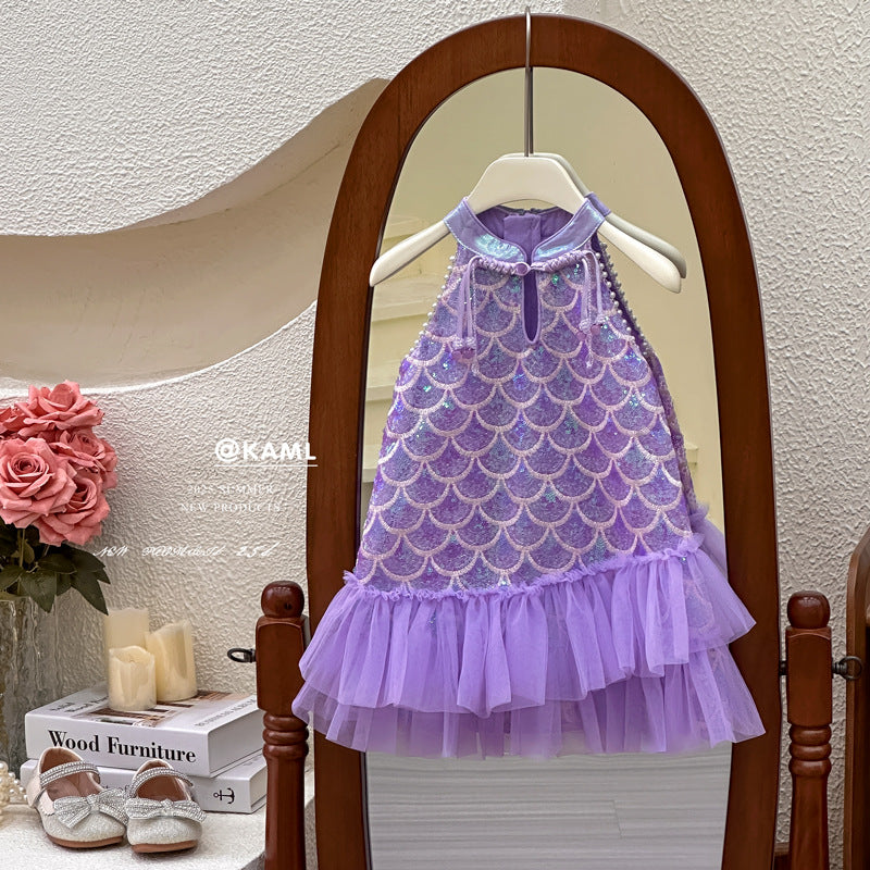 Girls' dress : stylish mermaid summer dress, halter tank dress, ethereal cheongsam dress