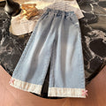Spring new korean style girls' lace bow denim pants, fashionable and stylish children's trousers, trendy kids' clothing