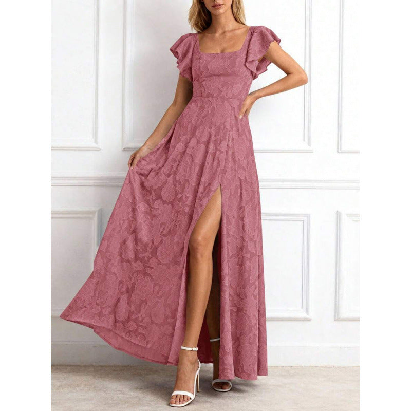 fashion:  summer new arrival - elegant ruffle sleeve floral slit maxi dress for women (us/eu)