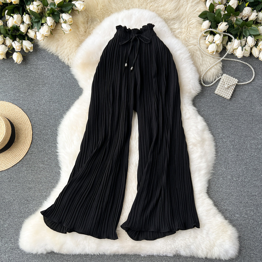 Summer outfit: high-waisted tie-waist casual pants for women - plus size, slimming, flattering, and flowy wide-leg pleated trousers