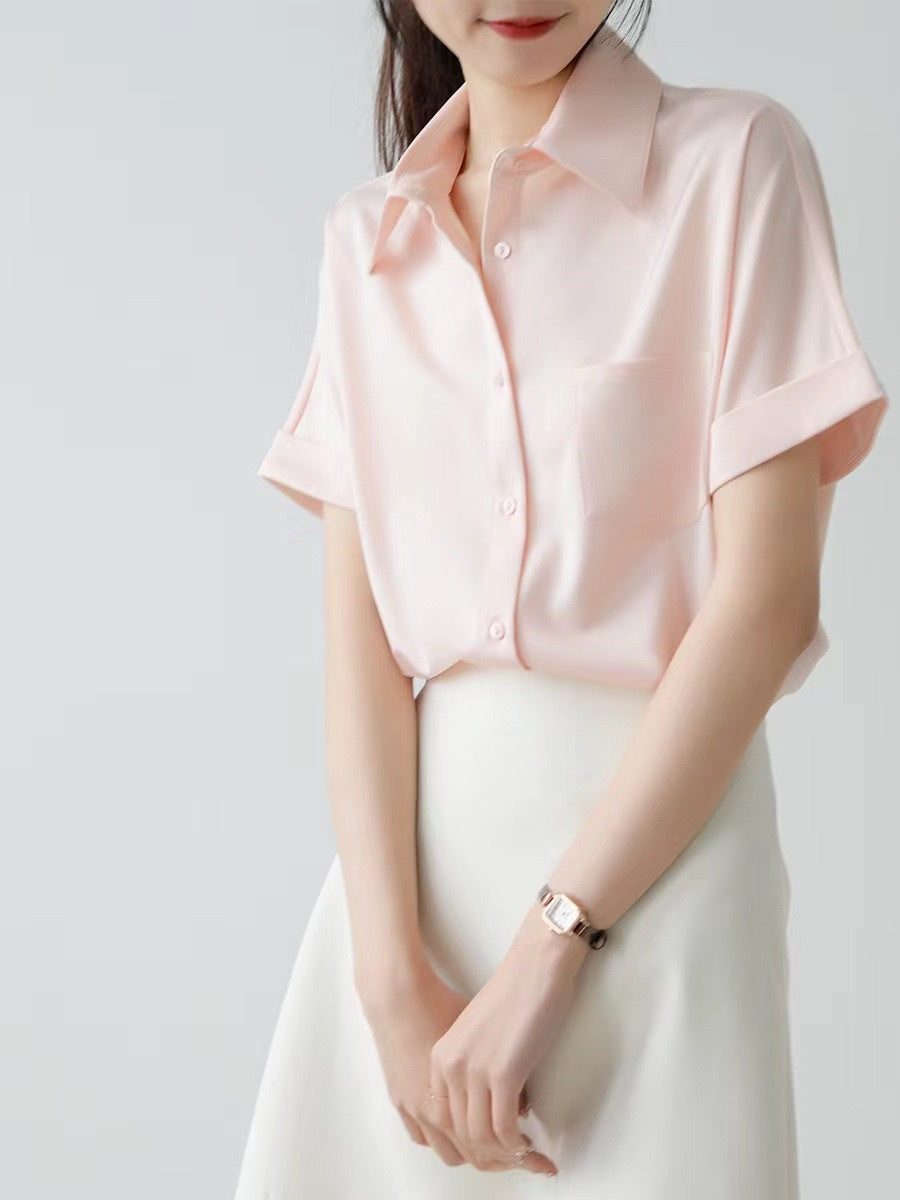summer new arrival: casual satin short-sleeve blouse - korean style, professional white collar, commute & interview shirt - in stock