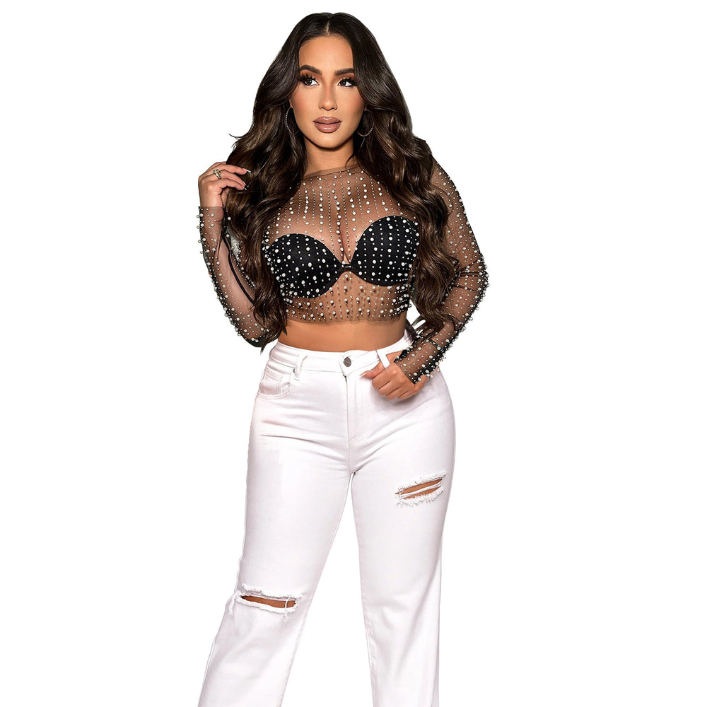 C6355   fashion women's solid color mesh rhinestone beaded long sleeve top - single piece set