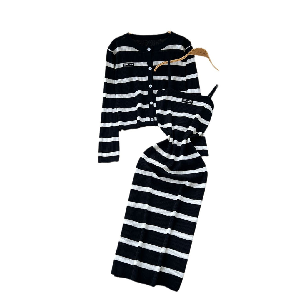Elegant two-piece set: figure-flattering knit cami dress + long-sleeve striped cardigan