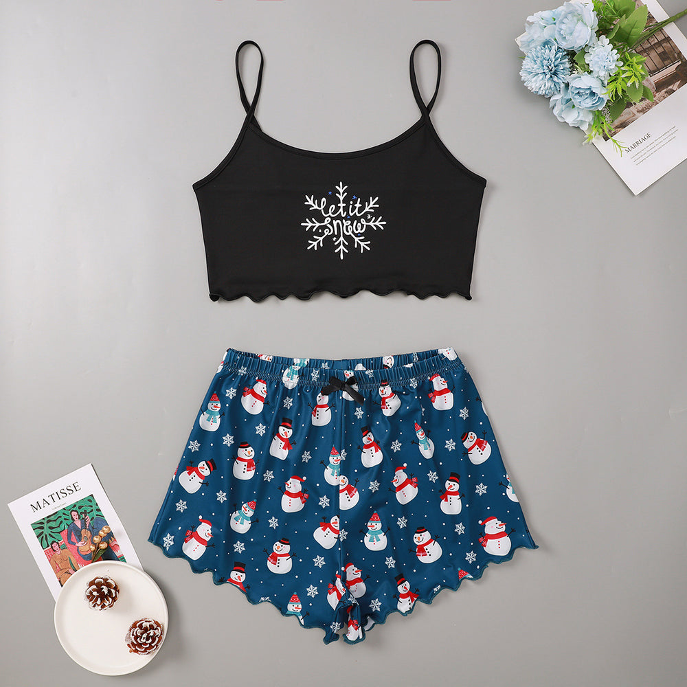 hot-selling christmas european and american style thin pajamas simple printed suspender milk silk shorts sexy two-piece set
