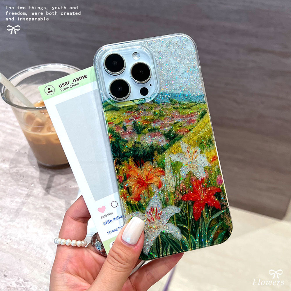 Orange lily flower suitable for iphone17promax mobile phone case glue glitter apple 16 anti-fall protective cover 15