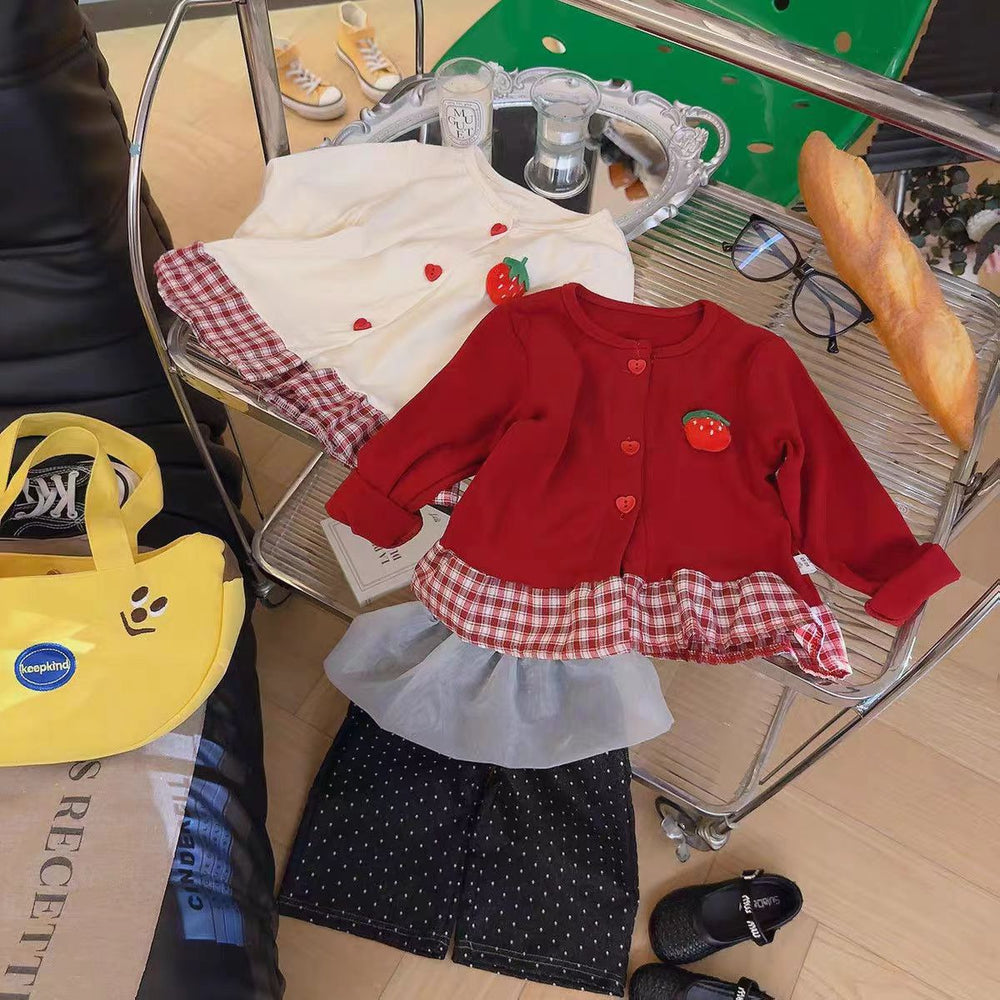 Girls' cute strawberry plaid lace-trimmed knit cardigan with skirt detail - new autumn sweet & chic long-sleeve top