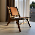 Retro solid wood casual chair genuine leather saddle leather single chair accessible luxury woven sofa chair home b&b canvas single chair