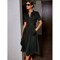 fashionautumretro lapel casualpatchwork button flap pocket pants design silm short-sleeved dress