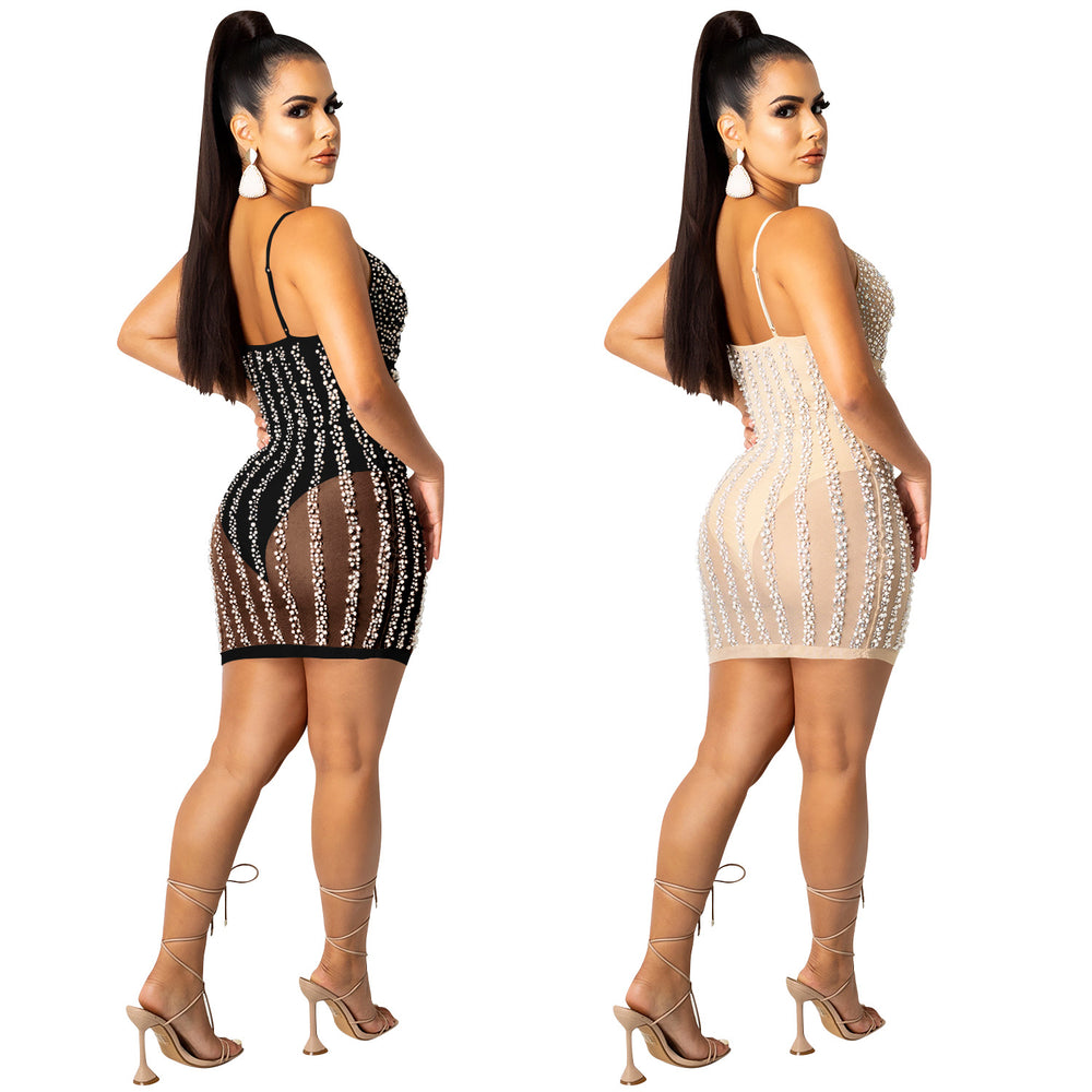 X5238   fashion european and american summer new nightclub style hot diamond suspender see-through women's dress