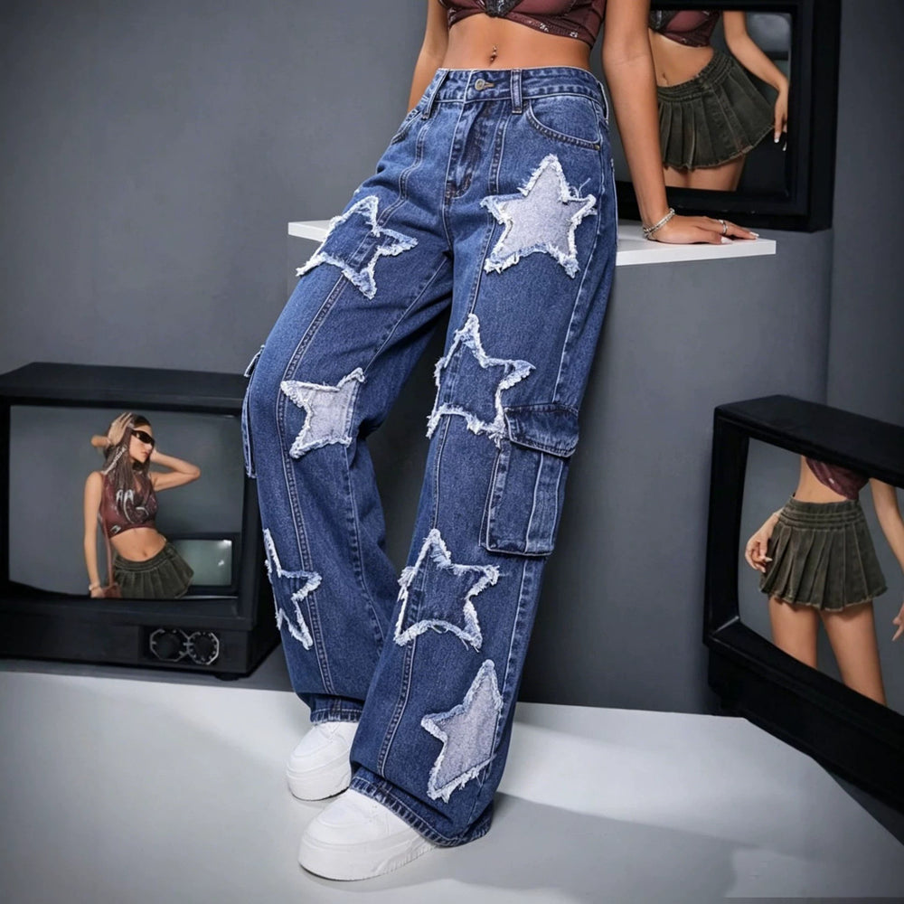 American washed star jeans for women, high waist, multiple flap pocket pantsloosecasual wide-leg pants, mopstraight-leg jeans