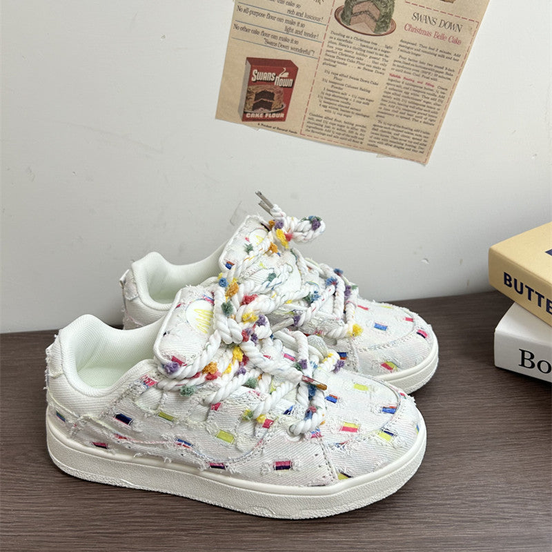 Fairy bean rainbow grid canvas sneakers women's autum breathable thick solewhite student shoes easiest for matchniche style sports casual shoes