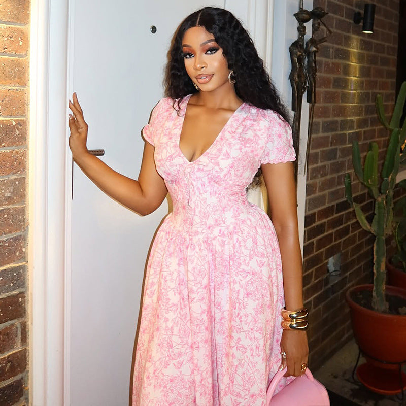 European and american style cross-border sweet & fresh women's printed elegant a-line dress with ruched v-neck and chic puff sleeves