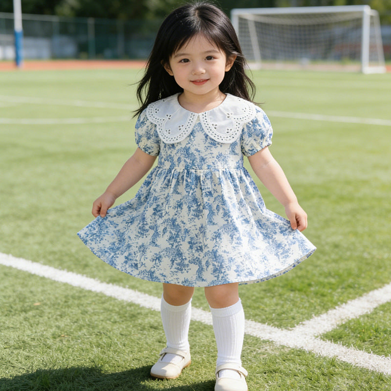 summer new arrival: lightweight girls' dress - blue and white porcelain doll collar, short-sleeved, stylish baby princess summer dress