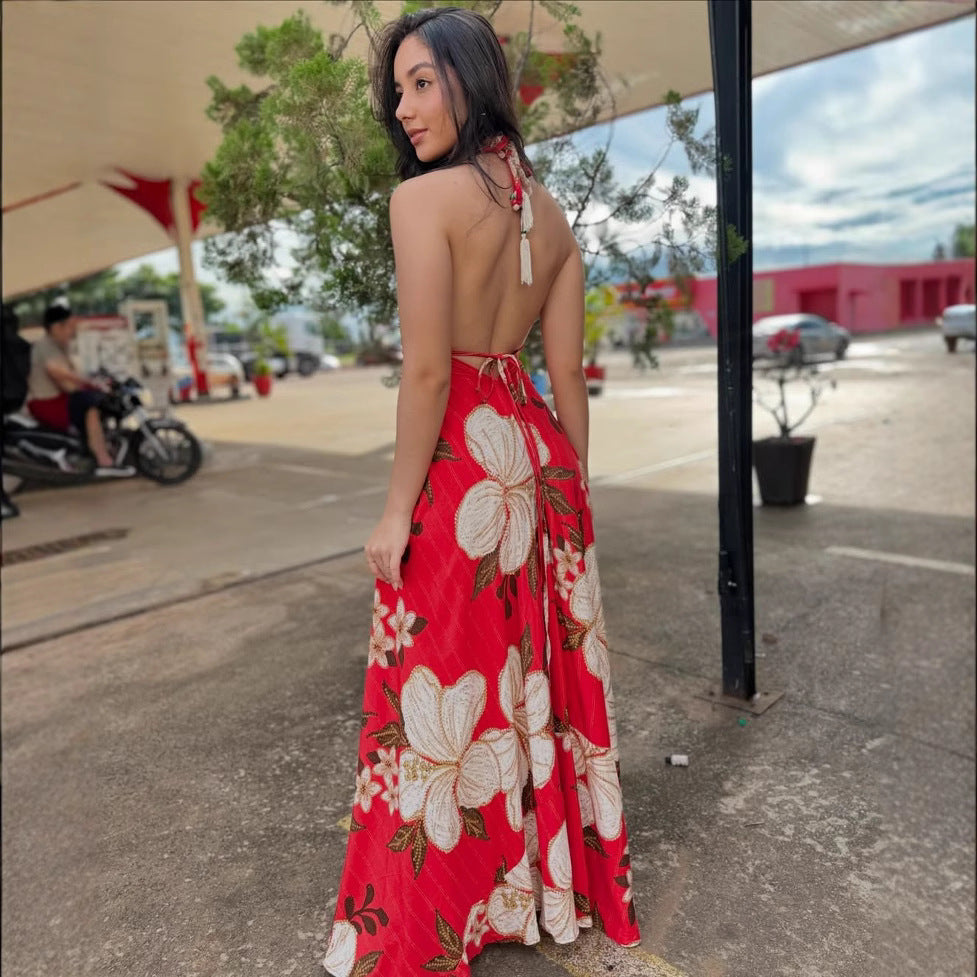 2025 new spring/summer off-the-shoulder v-neck women's camisole printed fairycore long elegant gown maxi dress