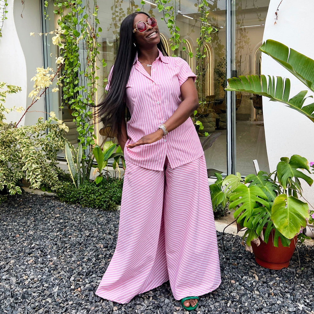 European and american cross-border women's clothing  summer new arrival: african-inspired fashion pink striped short-sleeve shirt and wide-leg pants set