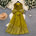 Dopamine yellow lantern sleeve french a-line dress - women's spring v-neck waist-cinching pleated maxi dress - high-end elegant style