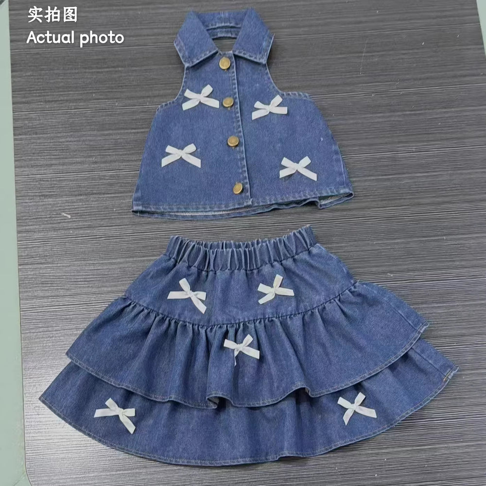 cross-border girls' fashion: european & american style halter collar denim vest + denim mini skirt bow set