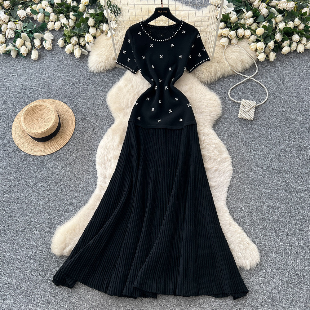 French style beaded short-sleeve dress - women's summer gentle high-waisted a-line dress - slimming and figure-flattering for work and casual wear