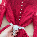 French retro court style beaded single-breasted tie-waist embroidered mesh dress - women's elegant maxi dress