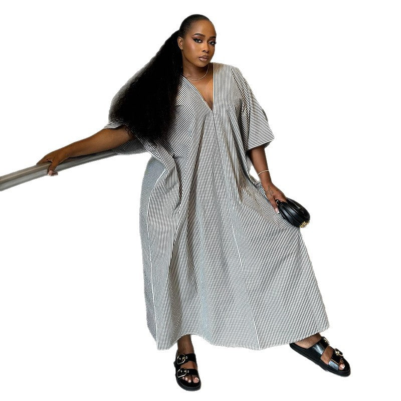 European and american women's clothing  autumn new collection: sweet & fresh, loose fit, plus size v-neck striped short sleeve dress - maxi length