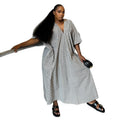 European and american women's clothing  autumn new collection: sweet & fresh, loose fit, plus size v-neck striped short sleeve dress - maxi length