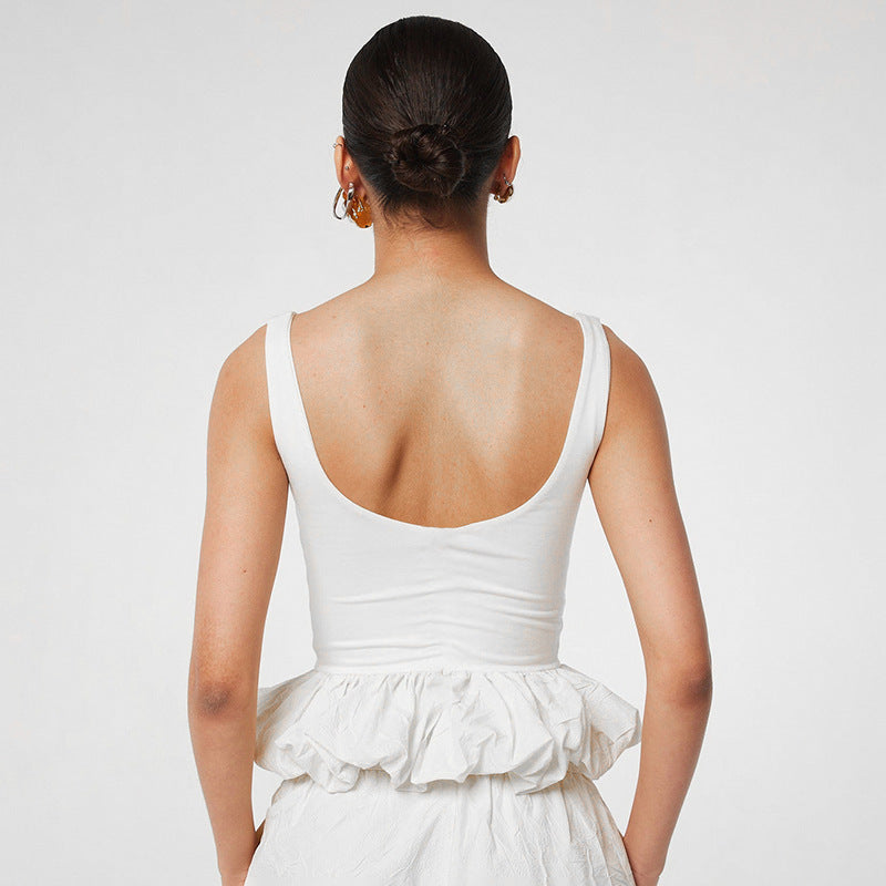 European and american women's clothing  summer new arrival: solid color fashion sleeveless square neck open back bubble sexy tank top blouse