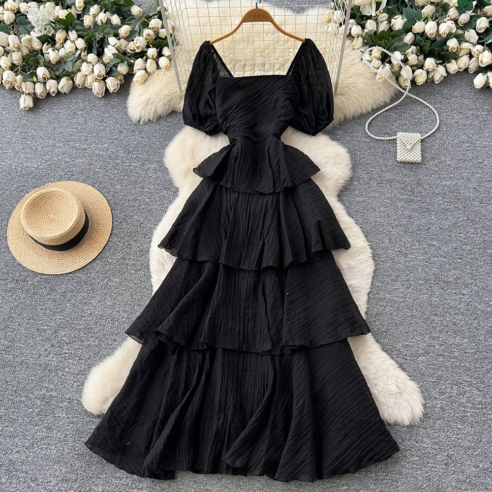 French riviera style puff sleeve square neck dress - women's summer slimming a-line maxi dress with tiered ruffle hem