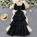 French riviera style puff sleeve square neck dress - women's summer slimming a-line maxi dress with tiered ruffle hem