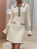 new arrival: women's elegant slim-fit knit dress with ruffle trim, button detail, and collared neckline