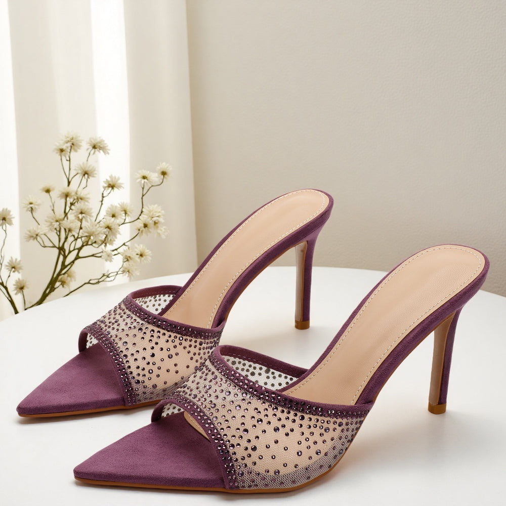 Rhinestone pointed-toe stiletto heel mules - women's sexy & fashionable outdoor sandals - european & american summer new arrivals - half slippers