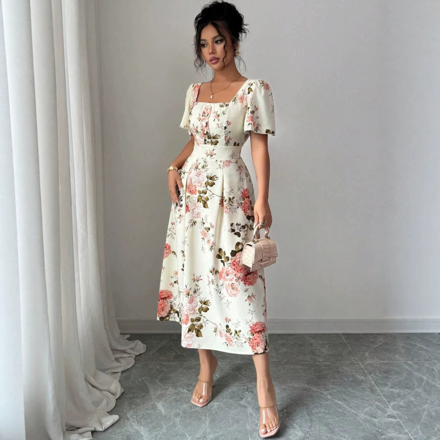 new european and american summer collection: french-style printed square neck bubble sleeve dress with cinched waist