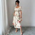 new european and american summer collection: french-style printed square neck bubble sleeve dress with cinched waist