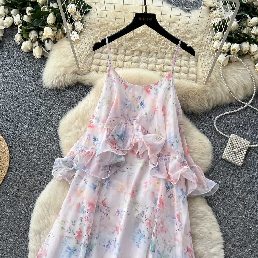 French riviera floral dress - women's summer sleeveless ruffle trim slimming maxi dress