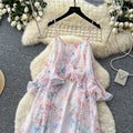 French riviera floral dress - women's summer sleeveless ruffle trim slimming maxi dress